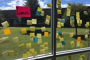 window with post it notes on it